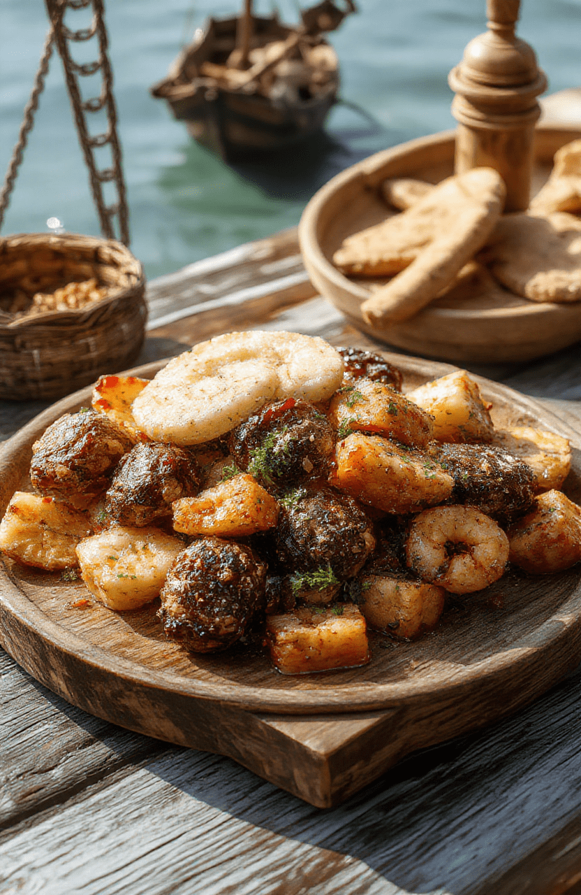 A vibrant pirate feast platter featuring an array of seafood, roasted meats, assorted cheeses, colorful fruits, and rustic bread, all artfully arranged on a wooden table with pirate-themed props and dim lighting for a theatrical presentation.