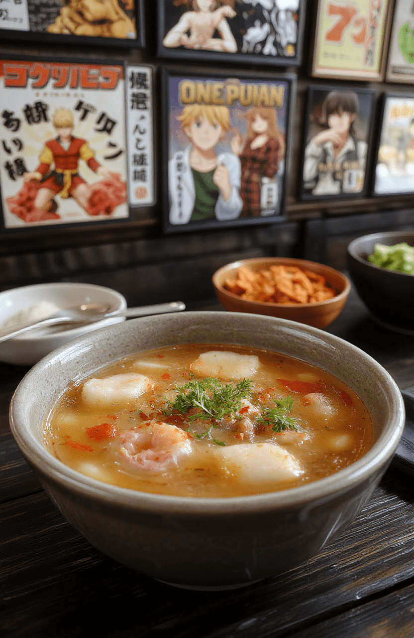 A steaming hotpot filled with vibrant ingredients like vegetables, sliced meats, and noodles, served in a dark gray bowl on a wooden table with chopsticks resting on the side, styled with Japanese-inspired decorations and a fiery background, highlighting the bold colors and textures of the dish.