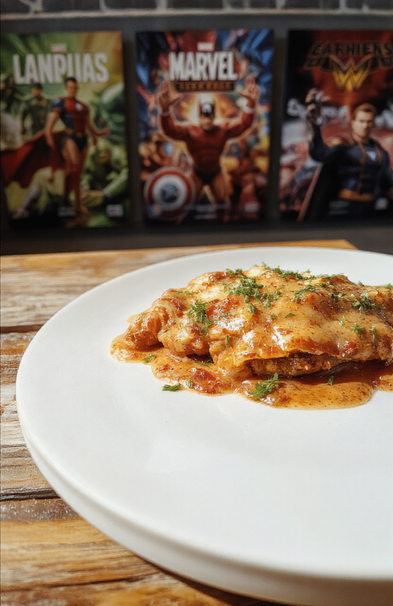 Vibrant blue and purple layered milkshake with whipped cream topping, decorated with colorful sprinkles and a large straws, served in a tall glass on a cinematic-themed table, with a blurred superhero comic background.