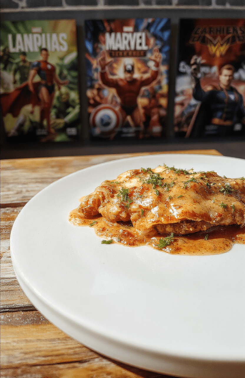 Vibrant blue and purple layered milkshake with whipped cream topping, decorated with colorful sprinkles and a large straws, served in a tall glass on a cinematic-themed table, with a blurred superhero comic background.