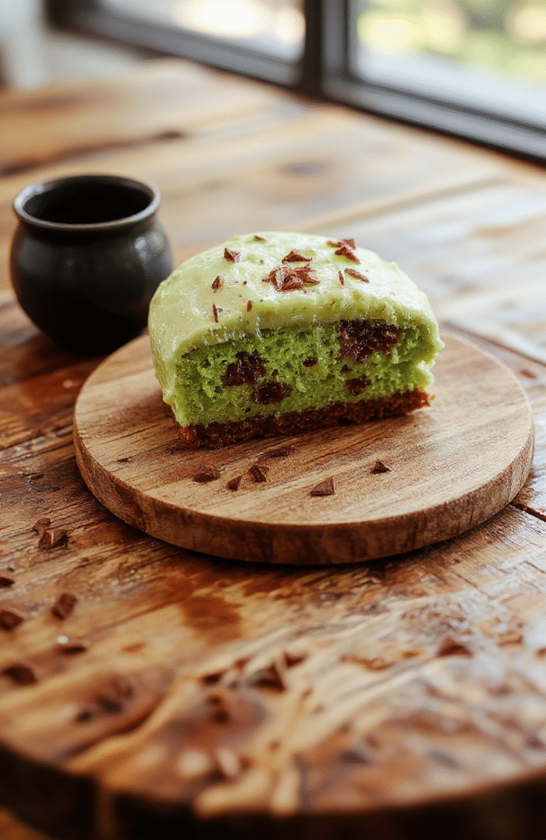A vibrant green tea cake sliced to reveal a moist, soft interior, decorated with a light dusting of matcha powder and fresh green leaves on a rustic wooden plate, with a soft-focus background highlighting a cozy, Japanese-inspired setting.