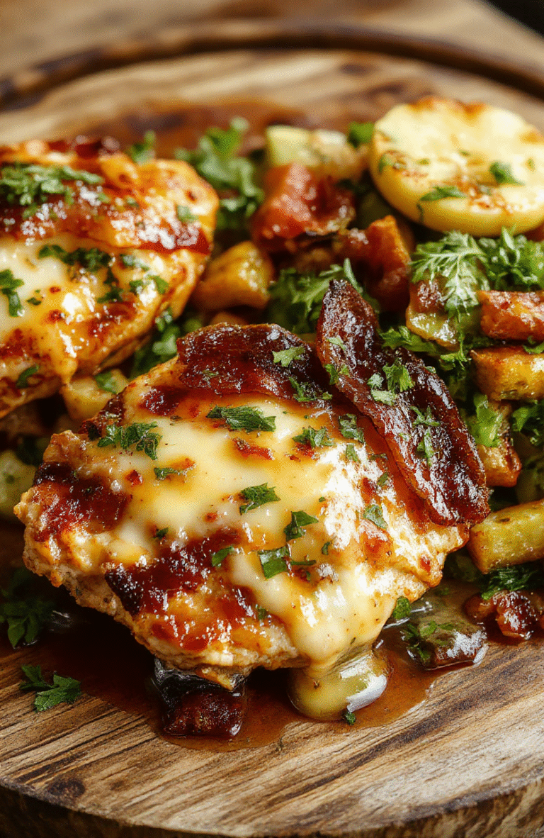 A close-up view of a beautifully plated Alice Springs Chicken dish featuring tender grilled chicken breasts topped with melted cheese, crispy bacon bits, and a generous drizzle of honey mustard sauce. The dish is garnished with fresh herbs, served on a rustic wooden plate with a side of colorful vegetables, capturing a warm and inviting culinary presentation.