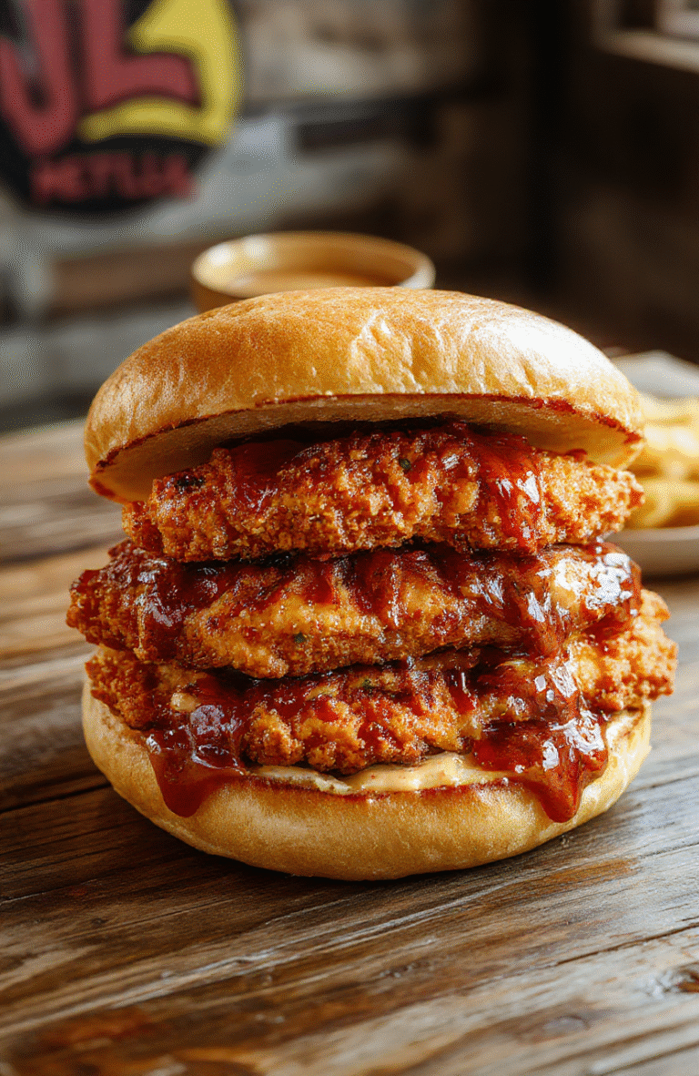 Close-up of a golden-brown fried chicken sandwich with crispy breading, fresh lettuce, and a tangy sauce, neatly assembled on a rustic wooden plate, topped with pickles, in warm natural lighting with vibrant colors.