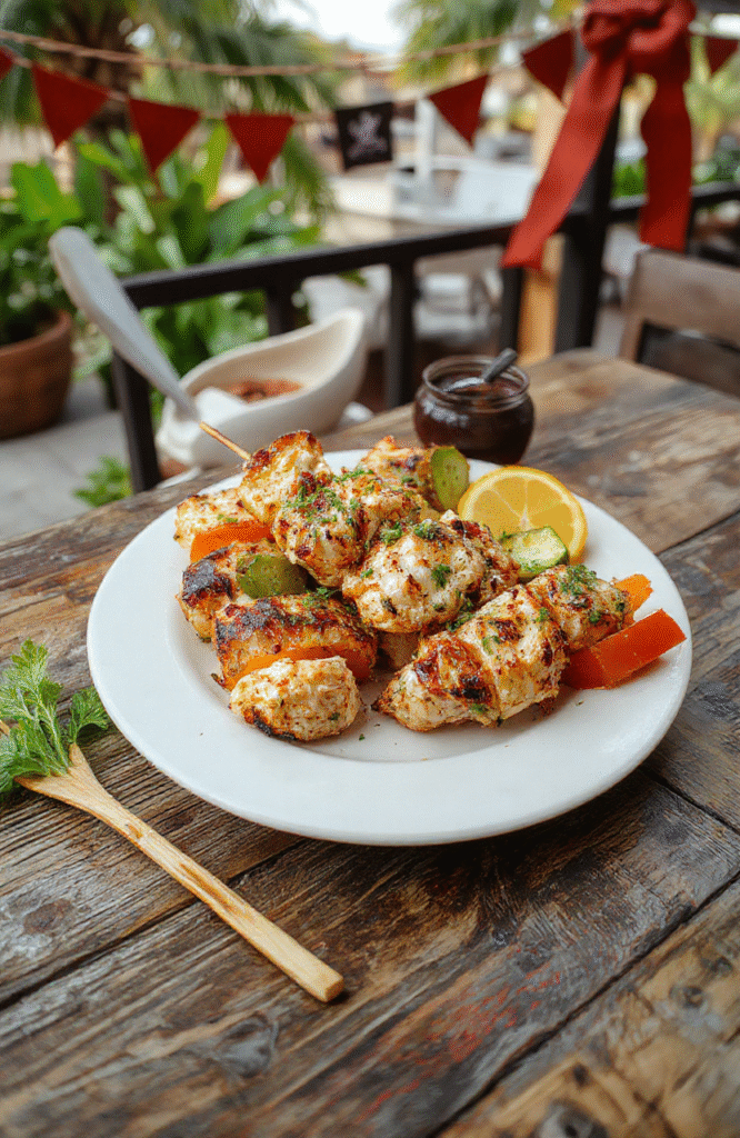 Colorful skewers of grilled chicken and vibrant vegetables arranged on a rustic wooden platter, decorated with pirate-themed props like maps and miniature swords, styled with a weathered leather tablecloth