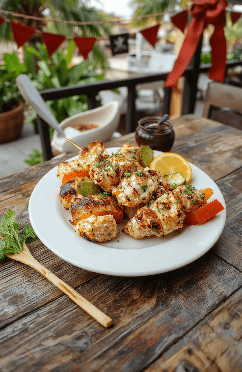 Colorful skewers of grilled chicken and vibrant vegetables arranged on a rustic wooden platter, decorated with pirate-themed props like maps and miniature swords, styled with a weathered leather tablecloth