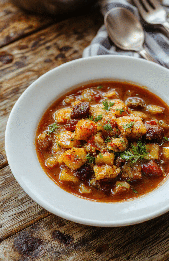 A colorful bowl of Pocahontas Savory Harvest Stew with tender chunks of squash, carrots, beans, and herbs, garnished with fresh cilantro, served on a rustic wooden table with autumn leaves in the background, vibrant and inviting textures with steam rising off the hot dish.