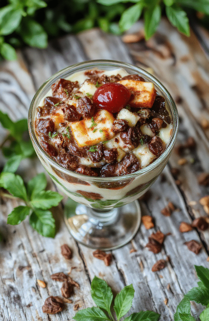 A vibrant, layered parfait in a clear glass cup, featuring fresh berries, green pesto-like whipped topping, and edible flowers. The presentation is colorful and natural, styled on a rustic wooden surface with leafy greens and a hint of wilderness ambiance.
