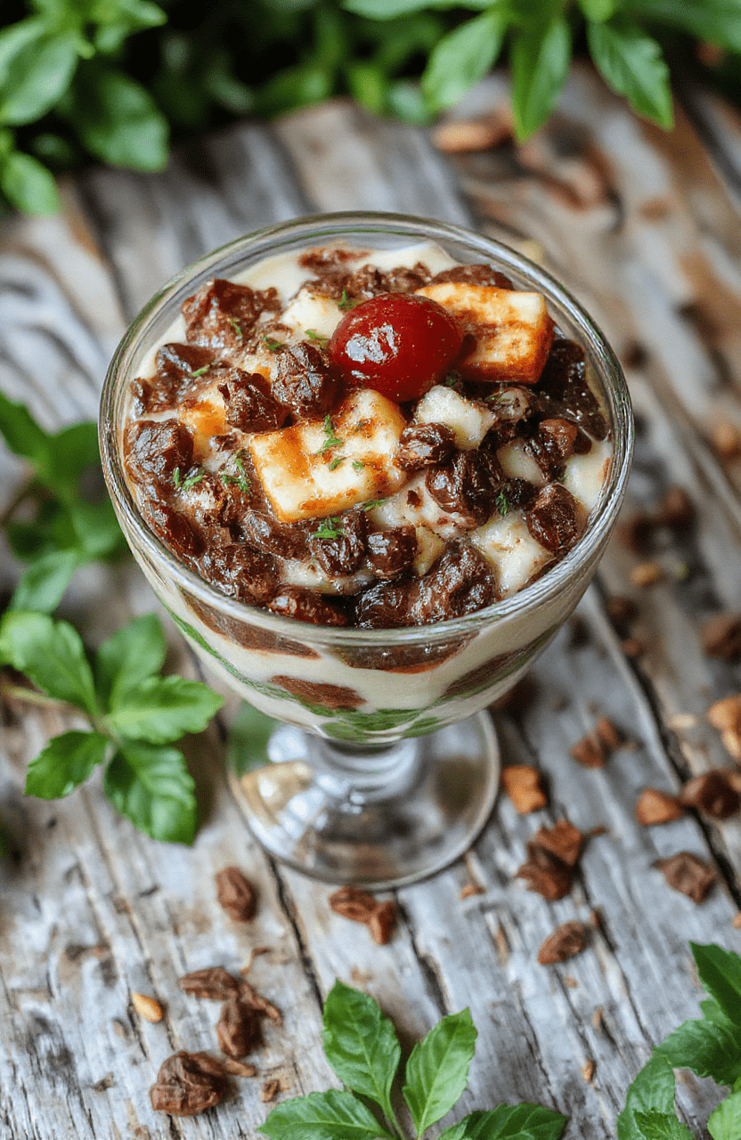A vibrant, layered parfait in a clear glass cup, featuring fresh berries, green pesto-like whipped topping, and edible flowers. The presentation is colorful and natural, styled on a rustic wooden surface with leafy greens and a hint of wilderness ambiance.