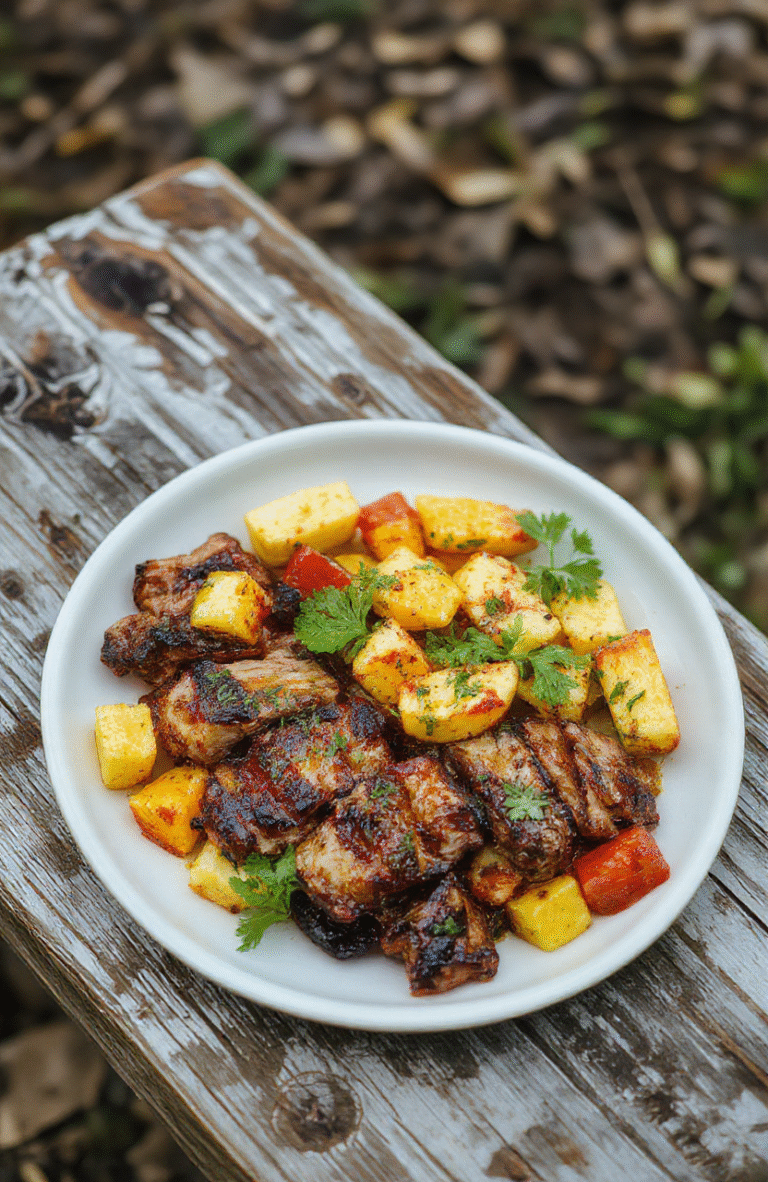 A vibrant tribal feast platter arranged on a rustic wooden table featuring colorful grilled meats, roasted vegetables, tropical fruits, and traditional side dishes, garnished with herbs and edible flowers, with a backdrop of indigenous decorations and natural lighting.