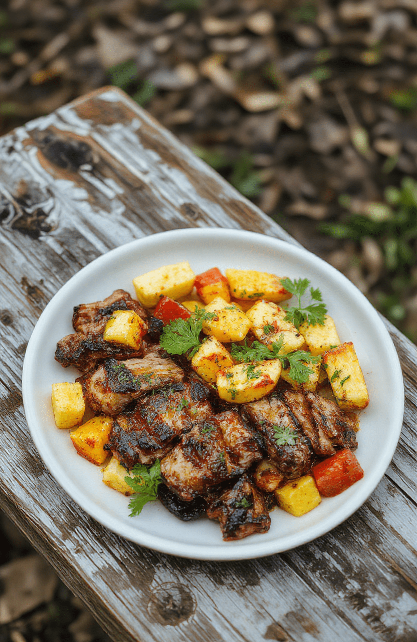 A vibrant tribal feast platter arranged on a rustic wooden table featuring colorful grilled meats, roasted vegetables, tropical fruits, and traditional side dishes, garnished with herbs and edible flowers, with a backdrop of indigenous decorations and natural lighting.