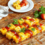 Colorful tropical fruit skewers arranged neatly on a wooden platter, featuring vibrant slices of pineapple, mango, kiwi, and strawberries, with a glossy glaze and fresh mint garnish, styled for a casual, summery presentation.