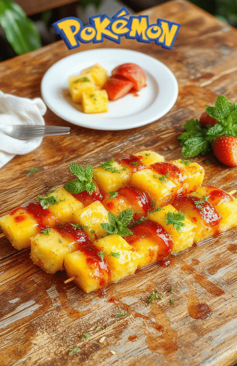Colorful tropical fruit skewers arranged neatly on a wooden platter, featuring vibrant slices of pineapple, mango, kiwi, and strawberries, with a glossy glaze and fresh mint garnish, styled for a casual, summery presentation.