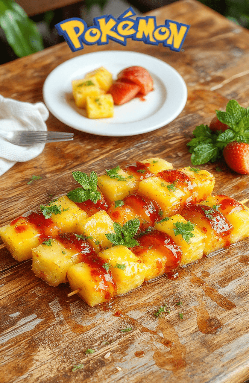 Colorful tropical fruit skewers arranged neatly on a wooden platter, featuring vibrant slices of pineapple, mango, kiwi, and strawberries, with a glossy glaze and fresh mint garnish, styled for a casual, summery presentation.