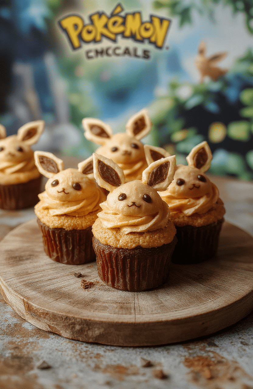 Colorful Eevee-inspired cupcakes with detailed frosting including cute character faces, decorated with pastel and vibrant colors on a rustic wooden platter, textured frosting resembling fur with edible glitter accents, set against a blurred fantasy-themed background with RPG elements.