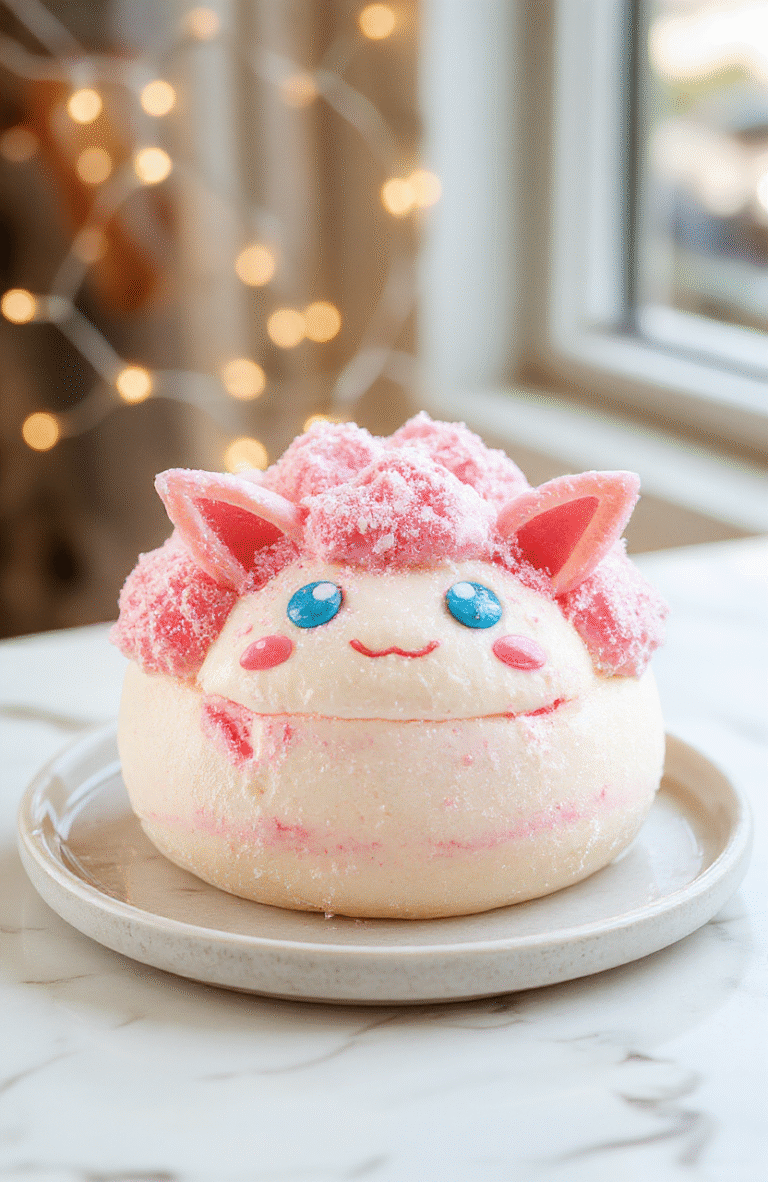 A vibrant, pastel pink cotton candy mousse served in a clear glass bowl, topped with fluffy spun sugar resembling cotton candy, decorated with edible glitter and tiny edible stars, against a soft, colorful background with fairy lights for a whimsical, enchanted vibe.
