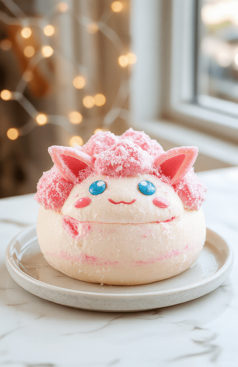 A vibrant, pastel pink cotton candy mousse served in a clear glass bowl, topped with fluffy spun sugar resembling cotton candy, decorated with edible glitter and tiny edible stars, against a soft, colorful background with fairy lights for a whimsical, enchanted vibe.