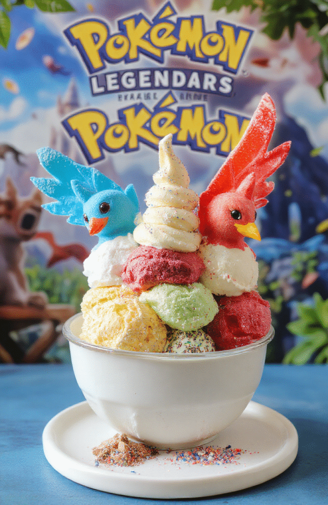 Colorful ice cream scoops representing Articuno, Zapdos, and Moltres arranged artistically on a sleek white plate, garnished with edible gold and icy crystals, set against a vibrant, slightly blurred background featuring a Pokémon-inspired theme with bright blues, yellows, and reds, styled in a whimsical, fantasy-inspired presentation.