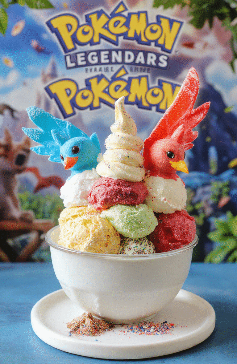 Colorful ice cream scoops representing Articuno, Zapdos, and Moltres arranged artistically on a sleek white plate, garnished with edible gold and icy crystals, set against a vibrant, slightly blurred background featuring a Pokémon-inspired theme with bright blues, yellows, and reds, styled in a whimsical, fantasy-inspired presentation.