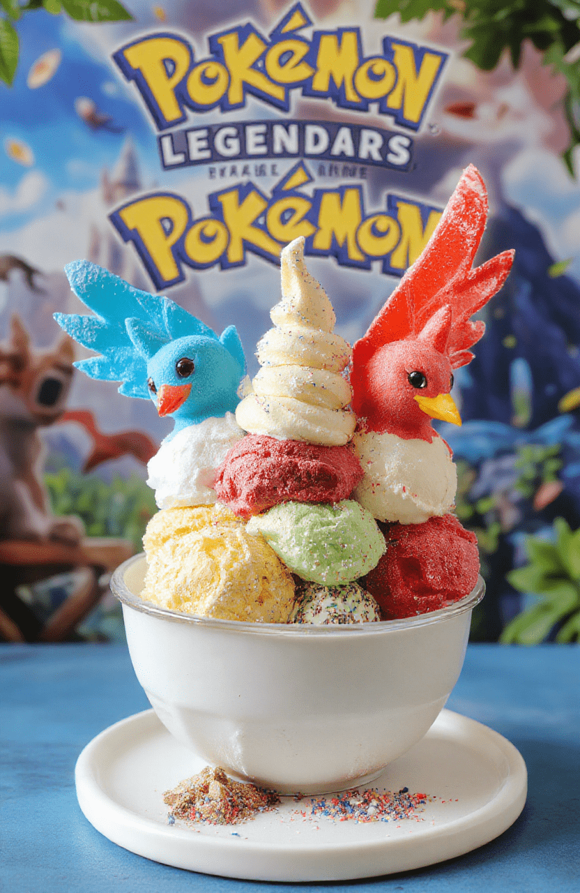 Colorful ice cream scoops representing Articuno, Zapdos, and Moltres arranged artistically on a sleek white plate, garnished with edible gold and icy crystals, set against a vibrant, slightly blurred background featuring a Pokémon-inspired theme with bright blues, yellows, and reds, styled in a whimsical, fantasy-inspired presentation.