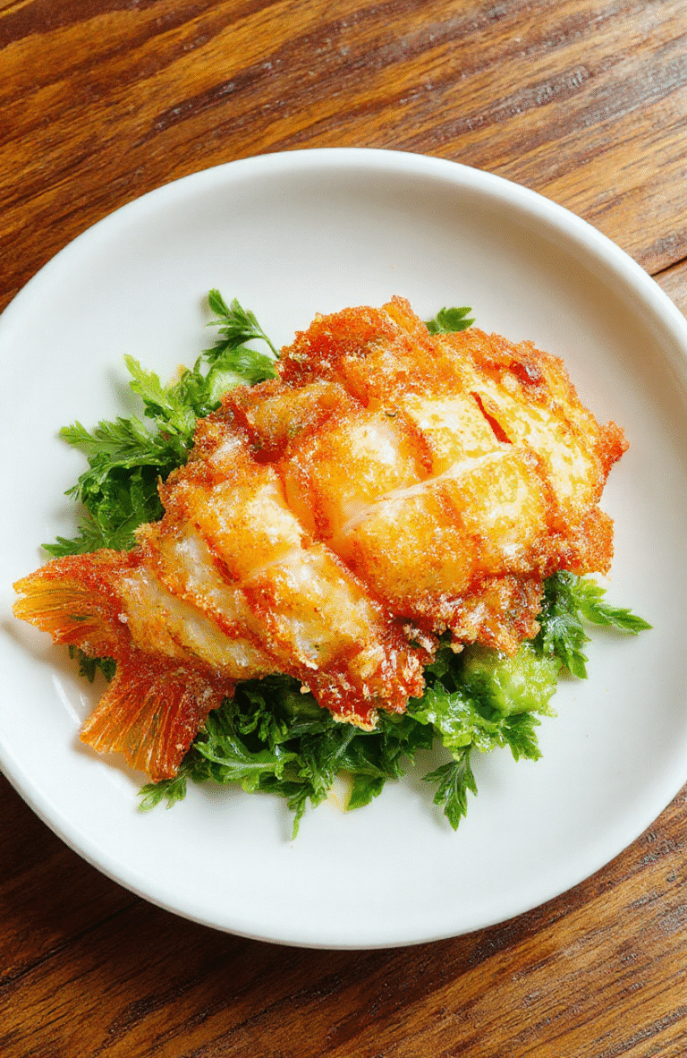 Golden-brown Magikarp-shaped tempura fish with crispy, airy batter, arranged on a white plate with green garnish, vibrant and appetizing.