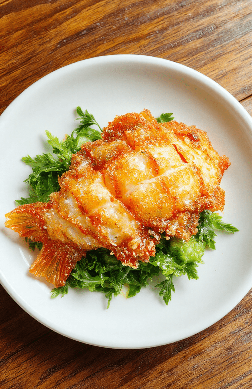 Golden-brown Magikarp-shaped tempura fish with crispy, airy batter, arranged on a white plate with green garnish, vibrant and appetizing.