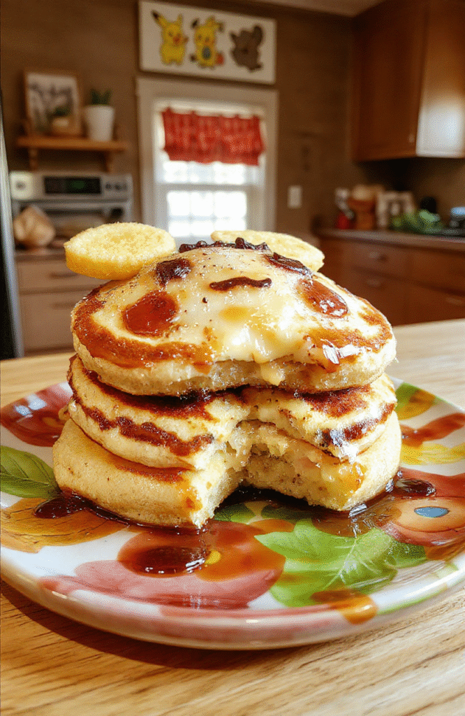Bright yellow Pikachu-shaped pancakes with cute chocolate eyes and red berry cheeks, served on a colorful plate with a playful cartoon background, fluffy texture, and syrup drizzle