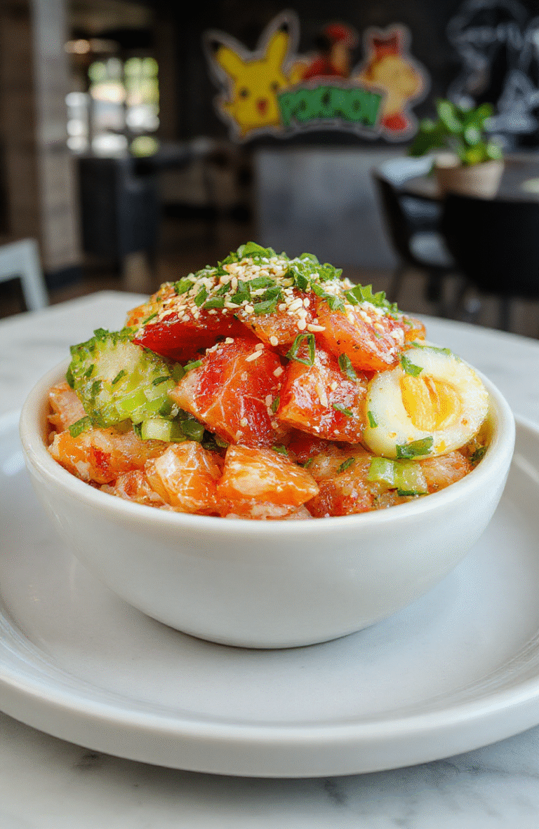 Vibrant Pokémon Pokéball Rice Bowl with colorful diced raw fish, crisp vegetables, and sticky rice, garnished with green onions and sesame seeds, arranged to resemble a classic Pokéball on a sleek white plate, set against a bright, modern background with hints of gaming decor.