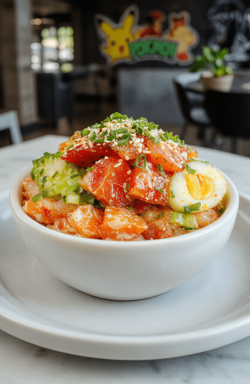 Vibrant Pokémon Pokéball Rice Bowl with colorful diced raw fish, crisp vegetables, and sticky rice, garnished with green onions and sesame seeds, arranged to resemble a classic Pokéball on a sleek white plate, set against a bright, modern background with hints of gaming decor.