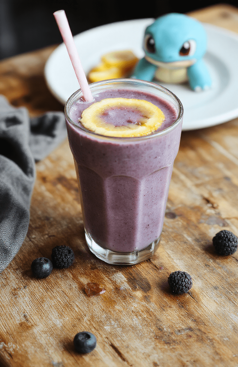 A vibrant blue smoothie with fresh blueberries in a clear glass with a striped straw, garnished with a few blueberries and mint leaves, placed on a wooden rustic table with a soft-focus background of a colorful cartoon-inspired kitchen scene.
