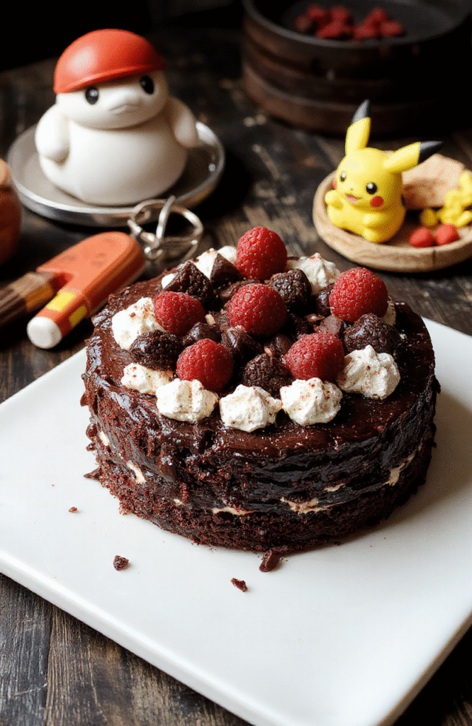 A decadent Black Forest Cake with dark chocolate layers, topped with whipped cream, cherries, and chocolate shavings. The cake has a glossy finish with rich, moist texture visible in the slices, styled on a black plate with a dark wood background and themed Pokémon and Team Rocket decorations.