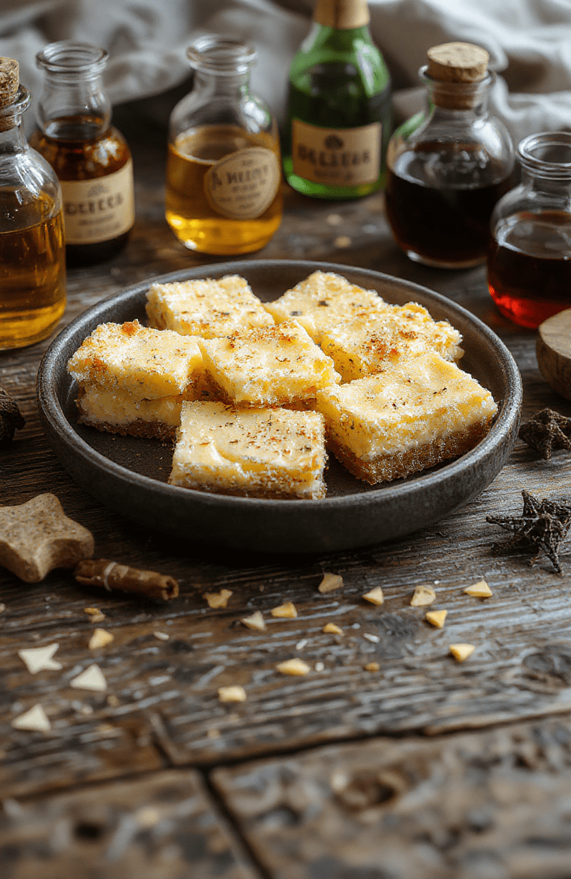 Golden brown cheesecake bars with a smooth, creamy top layer, drizzled with caramel and garnished with tiny edible gold flakes, served on a rustic wooden platter, surrounded by whimsical potion bottles and vintage alchemy tools, conveying a magical and inviting atmosphere.