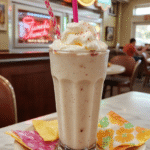 A tall glass filled with a rich, creamy milkshake thickshake in a vibrant color, topped with whipped cream and a cherry, styled on a retro diner-style table with colorful napkins and straws, capturing a nostalgic cinematic vibe with soft lighting and inviting textures.