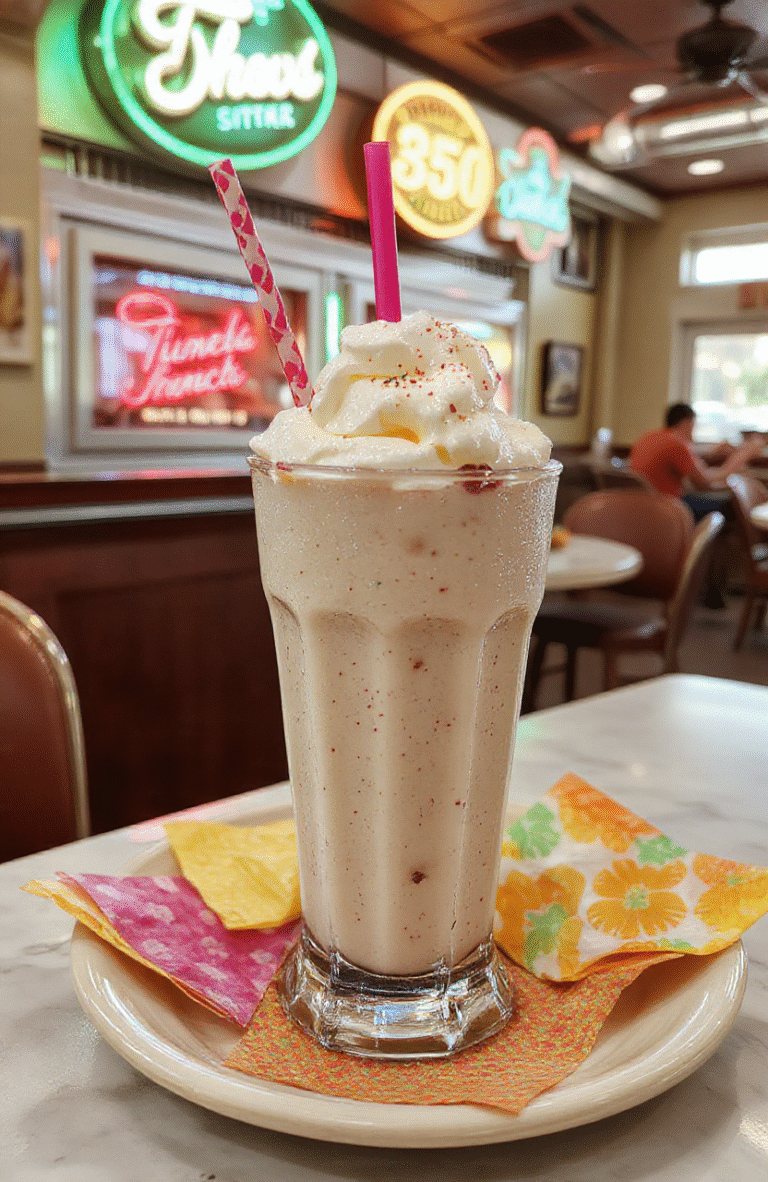 A tall glass filled with a rich, creamy milkshake thickshake in a vibrant color, topped with whipped cream and a cherry, styled on a retro diner-style table with colorful napkins and straws, capturing a nostalgic cinematic vibe with soft lighting and inviting textures.
