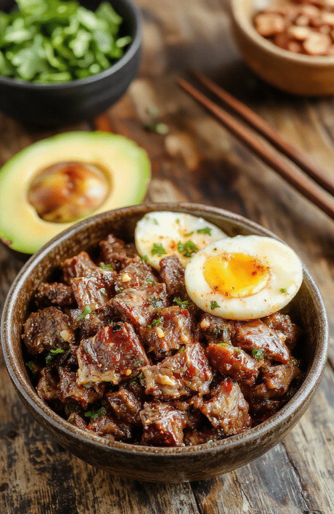 A vibrant Korean ground beef bowl featuring seasoned ground beef, sliced green onions, sesame seeds, and a soft boiled egg on top, served over steamed white rice in a stylish bowl, with a colorful background of chopped vegetables and chopsticks.