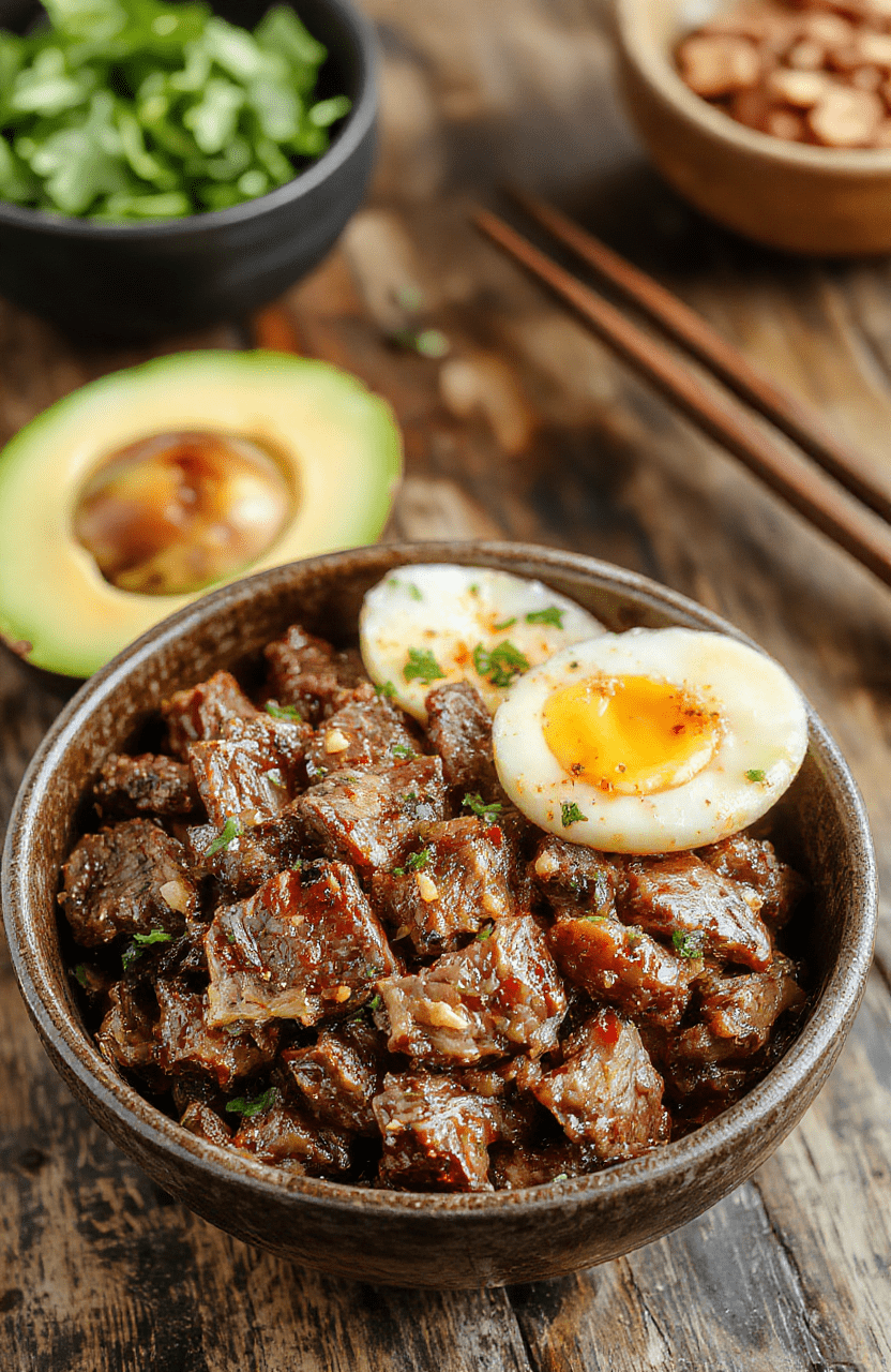 A vibrant Korean ground beef bowl featuring seasoned ground beef, sliced green onions, sesame seeds, and a soft boiled egg on top, served over steamed white rice in a stylish bowl, with a colorful background of chopped vegetables and chopsticks.