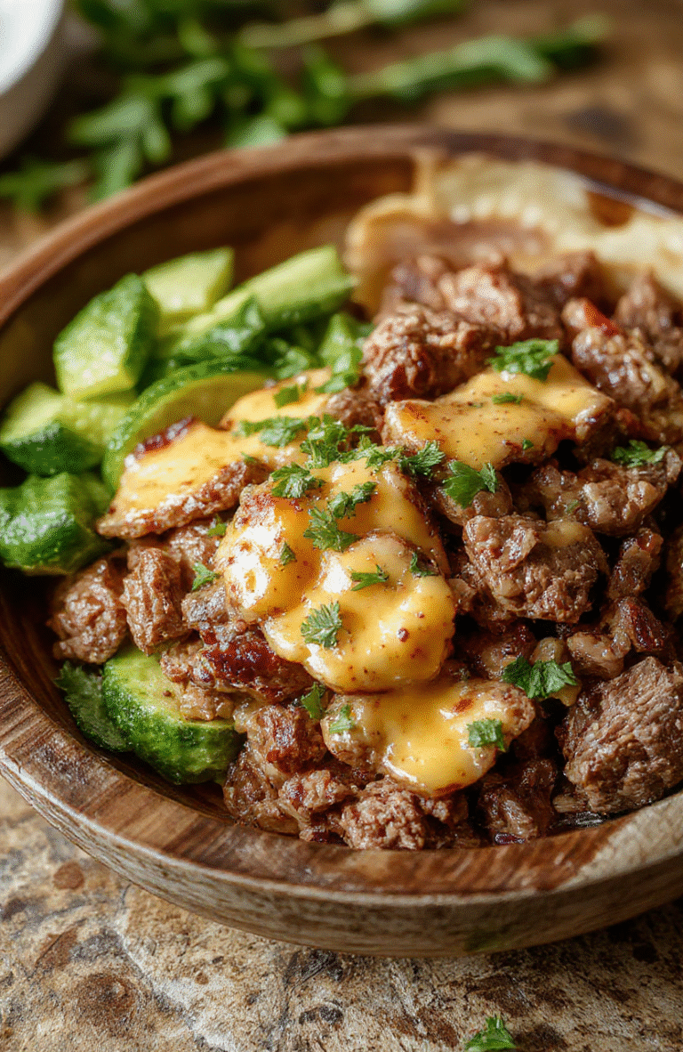 Colorful low-carb cheesesteak bowl with slices of tender beef, melted cheese, vibrant green peppers, and onions arranged neatly on a rustic wooden plate, garnished with fresh herbs, looking appetizing and wholesome.