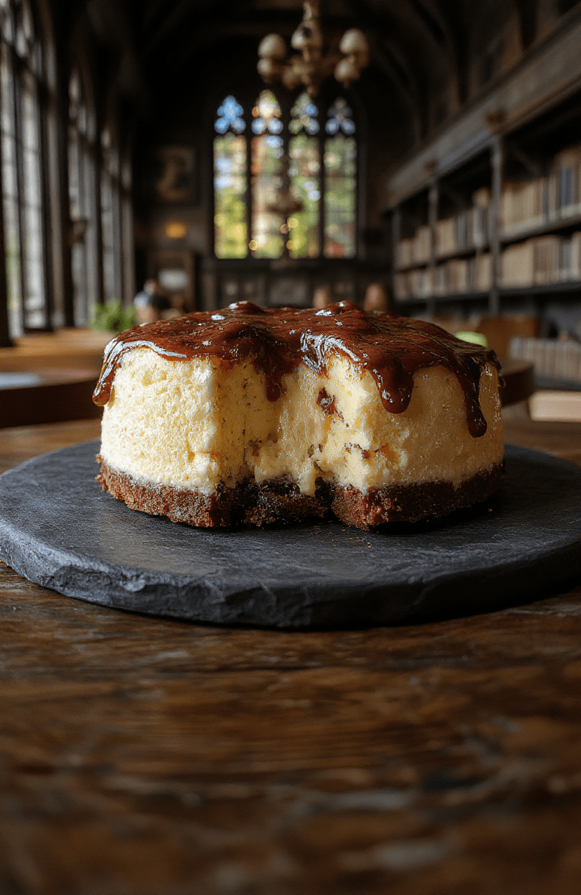 A slice of Ravenclaw Starry Night Butterbeer Cheesecake featuring a layered blue and gold galaxy-inspired topping, garnished with edible glitter and a silver spoon on a dark slate plate, with a Hogwarts-themed background.