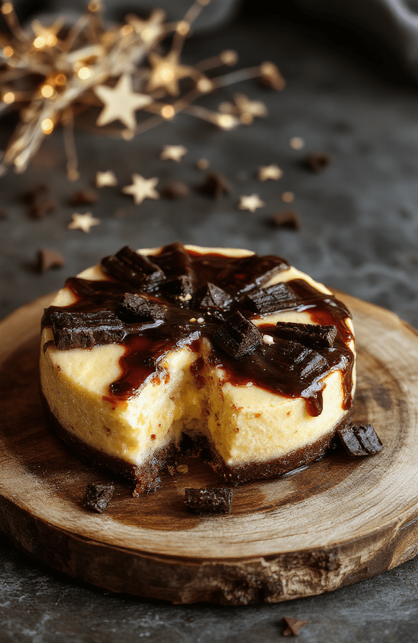 A vibrant Ravenclaw Starry Night Butterbeer Cheesecake adorned with a swirling blue velvet pattern, topped with edible glitter resembling stars, on a rustic wooden platter, with subtle magical-themed decorations in the background.