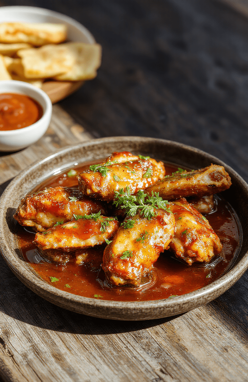 Colorful plate of crispy chicken wings glazed with glossy Szechuan sauce, garnished with chopped scallions and red chili flakes, on a rustic wooden table styled with vibrant garnishes