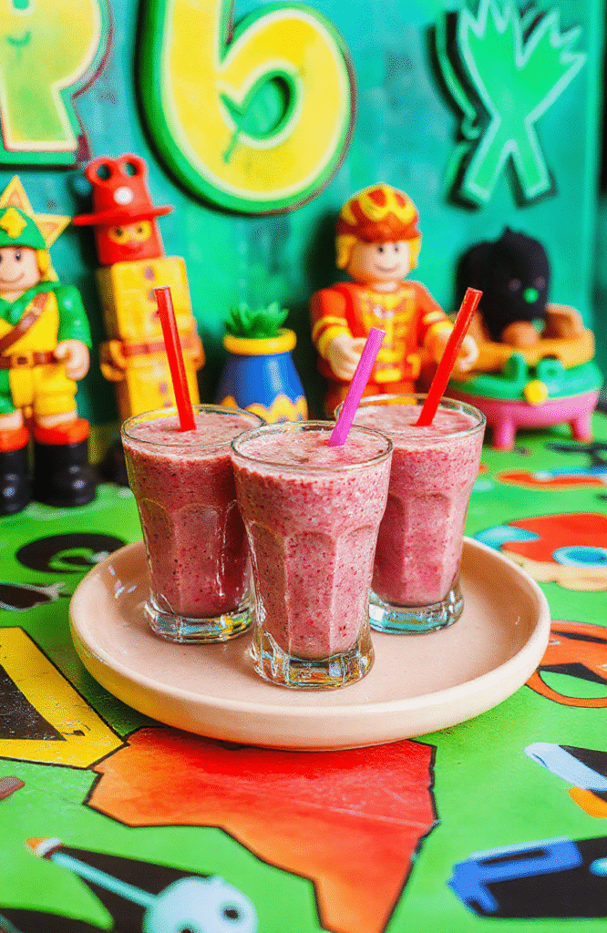 Colorful Roblox-themed smoothies arranged in clear glasses with vibrant toppings like fruit slices and sprinkles, placed on a gaming-themed table with Roblox character toys nearby, surrounded by bright neon lighting and pixelated decorations, creating a fun and playful atmosphere