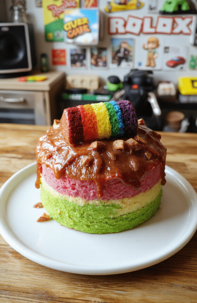 Vibrant rainbow Loot Cake with colorful layers, topped with bright sprinkles and playful Roblox-themed decorations, arranged on a sleek white platter, with a fun, gaming-inspired background.