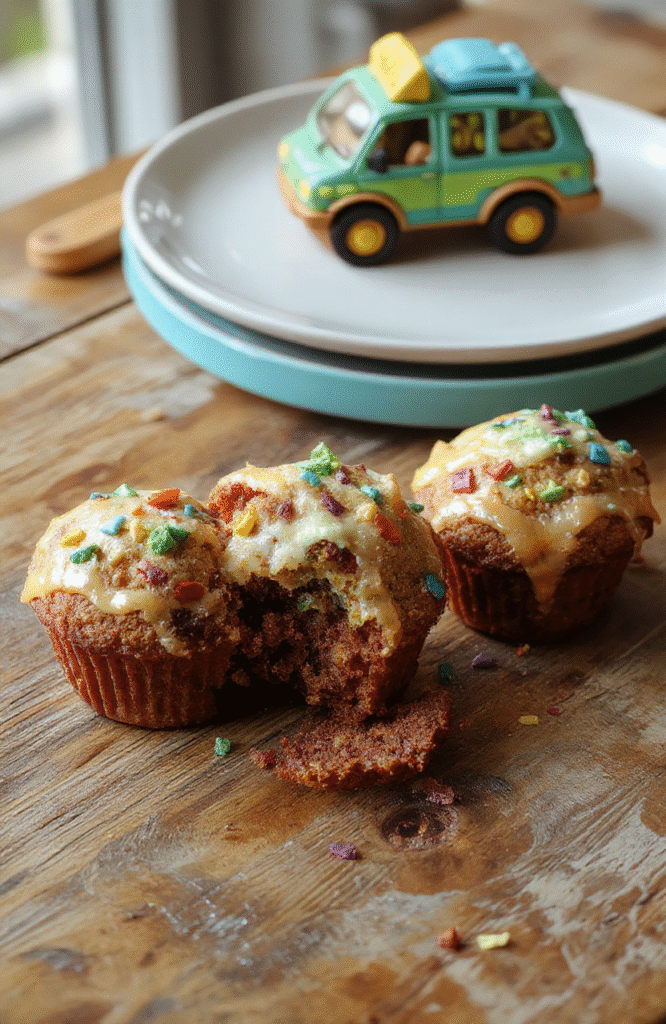 Colorful and playful muffins featuring bright green and purple toppings, arranged on a comic-style plate with Scooby Doo characters in the background, soft natural lighting, and textured muffin surfaces.