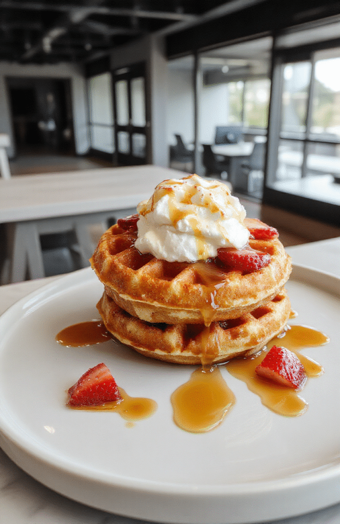 A vibrant stack of golden-brown waffles topped with whipped cream, fresh strawberries, and syrup, arranged on a sleek white plate with a modern, minimalist setting.