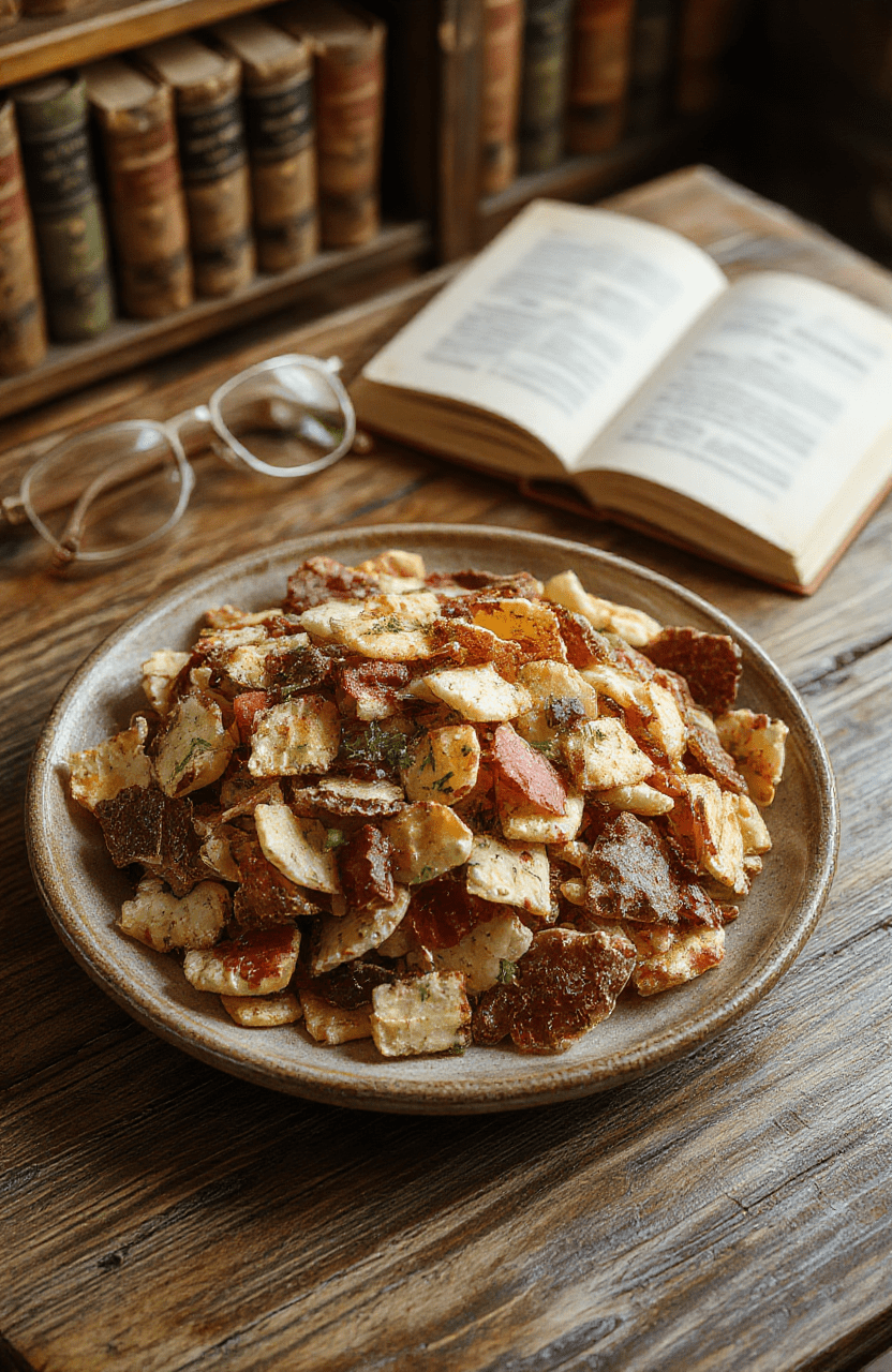 A vibrant bowl of Sherlock Holmes Clue Trail Mix featuring assorted colorful nuts, dried fruits, and chocolates arranged on a vintage-style wooden table, styled with a Sherlock Holmes magnifying glass and a classic pipe in the background, with a cozy, mystery-themed ambiance.