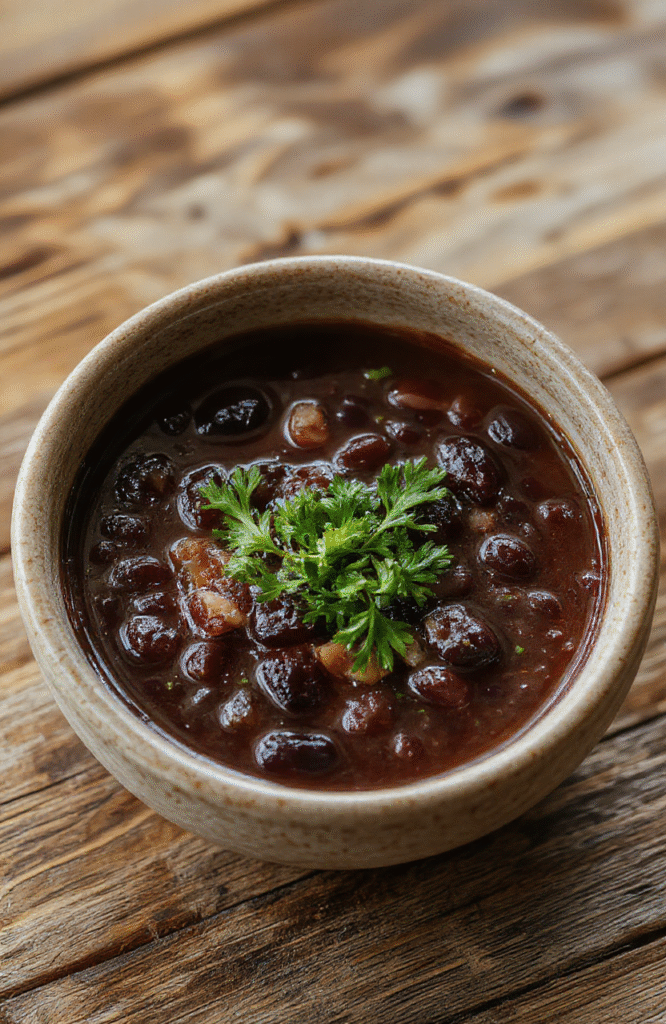 A vibrant bowl of black bean soup with a rich, dark color, topped with fresh cilantro and a dollop of sour cream, served on a rustic wooden table with a spoon resting beside it, highlighting the creamy texture and garnished with lime wedges and shredded cheese.