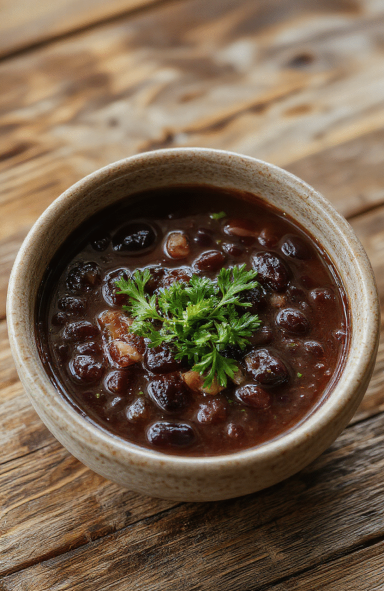 A vibrant bowl of black bean soup with a rich, dark color, topped with fresh cilantro and a dollop of sour cream, served on a rustic wooden table with a spoon resting beside it, highlighting the creamy texture and garnished with lime wedges and shredded cheese.