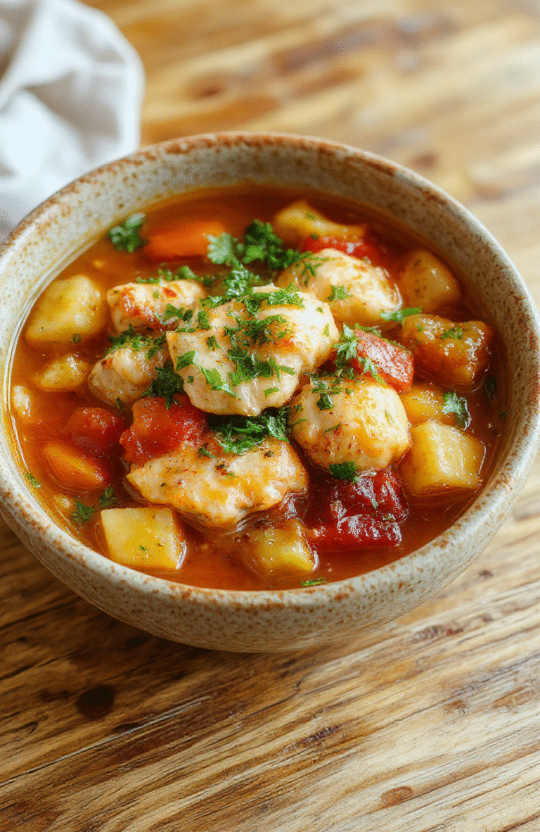 A steaming bowl of hearty chicken stew with tender chicken pieces, carrots, potatoes, and herbs, beautifully plated with a rustic spoon. The vibrant orange carrots and golden potatoes contrast with the rich, savory broth, garnished with fresh parsley, on a wooden table setting that feels warm and inviting.