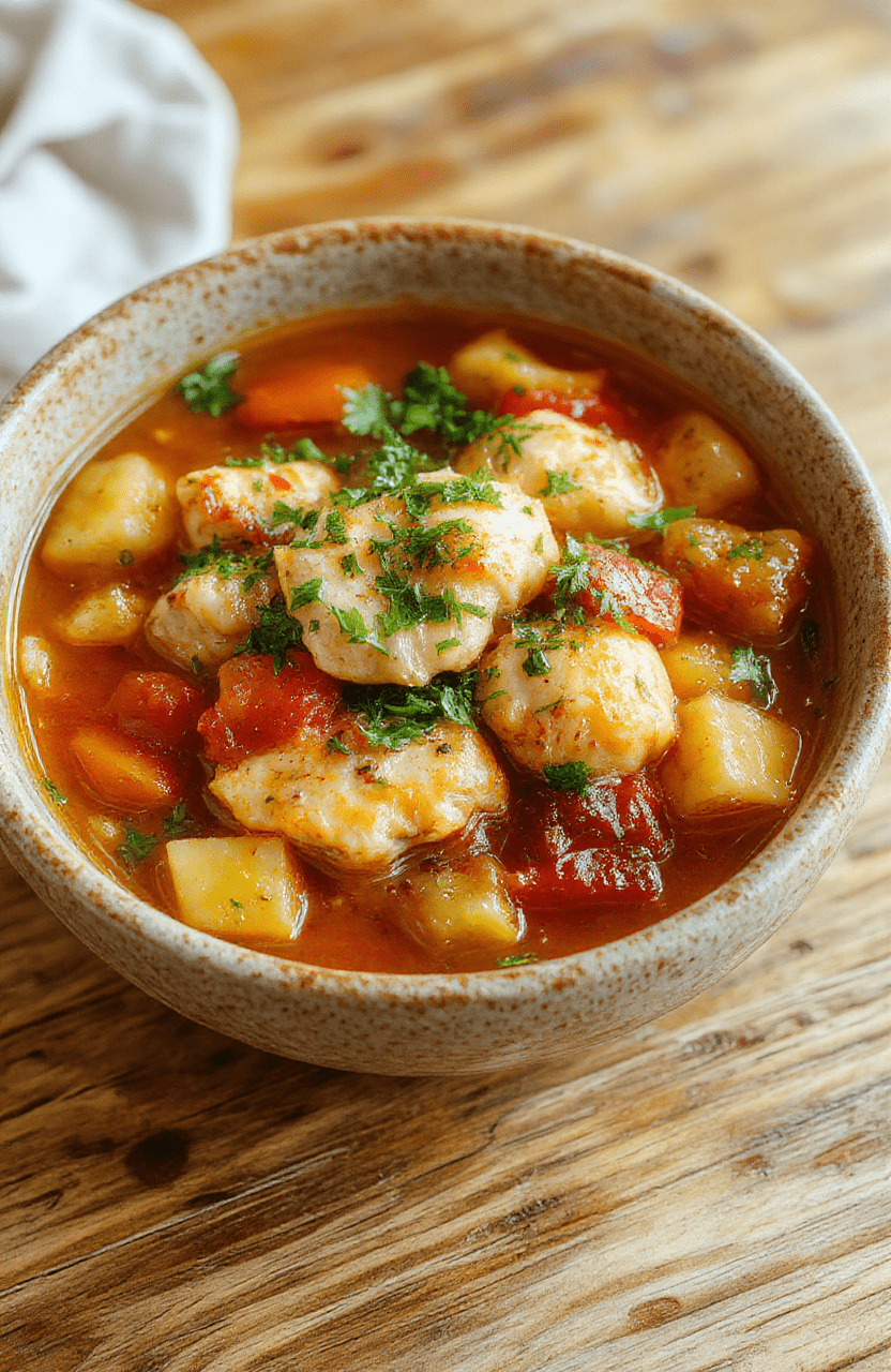 A steaming bowl of hearty chicken stew with tender chicken pieces, carrots, potatoes, and herbs, beautifully plated with a rustic spoon. The vibrant orange carrots and golden potatoes contrast with the rich, savory broth, garnished with fresh parsley, on a wooden table setting that feels warm and inviting.