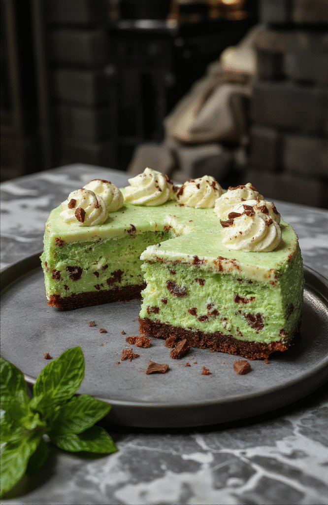 A vibrant slice of emerald green mint chocolate cheesecake with glossy chocolate ganache topping, garnished with fresh mint leaves, served on a white plate with a textured gray background, highlighting the rich textures and smooth surface of the cheesecake.