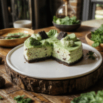 A vibrant green mint cheesecake topped with a glossy emerald glaze, garnished with fresh mint leaves, placed on a rustic wooden platter, with a smooth creamy texture contrasted by a shiny finish, styled with subtle hints of Hogwarts-inspired décor and dark mystical elements.